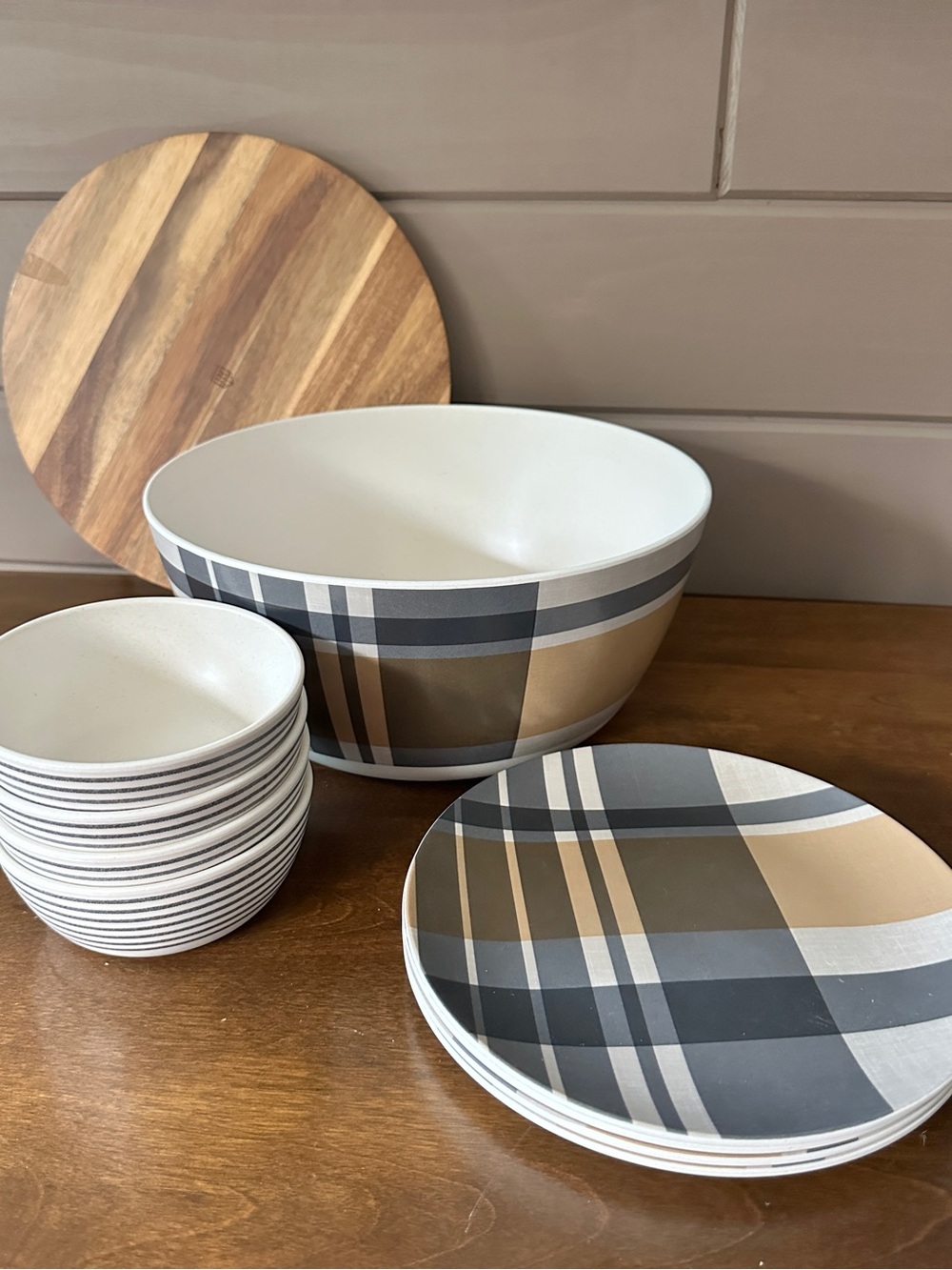 Hearth & Hand Plaid Dinnerware Set - Tan & Gray 10 piece set Bamboo Melamine